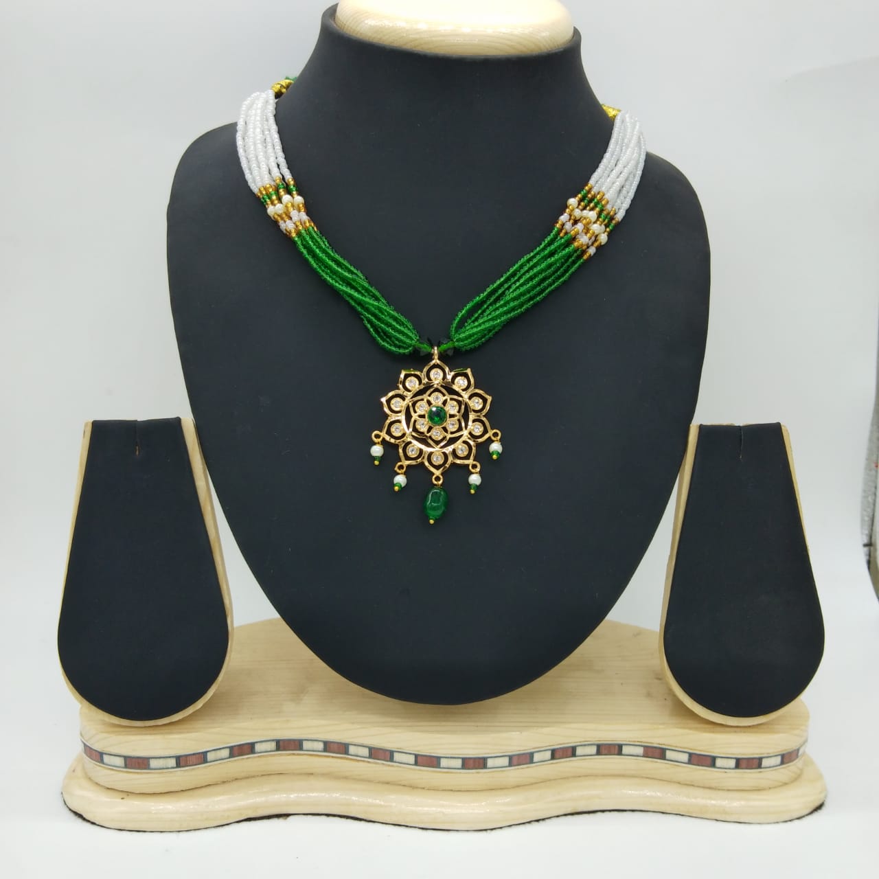 white and green moti neck set