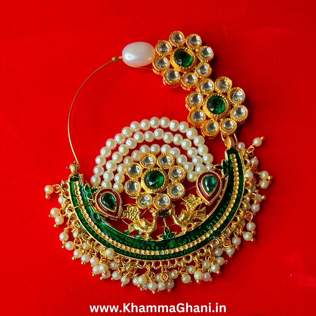 Green Rajputi Nath with Big Size Pearl